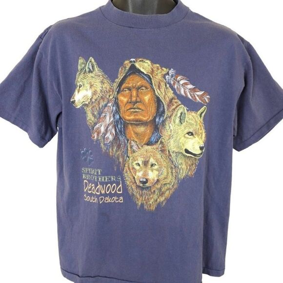 Native American Wolf T Shirt Mens Size Medium Vintage 90s Deadwood South Dakota - Picture 1 of 7